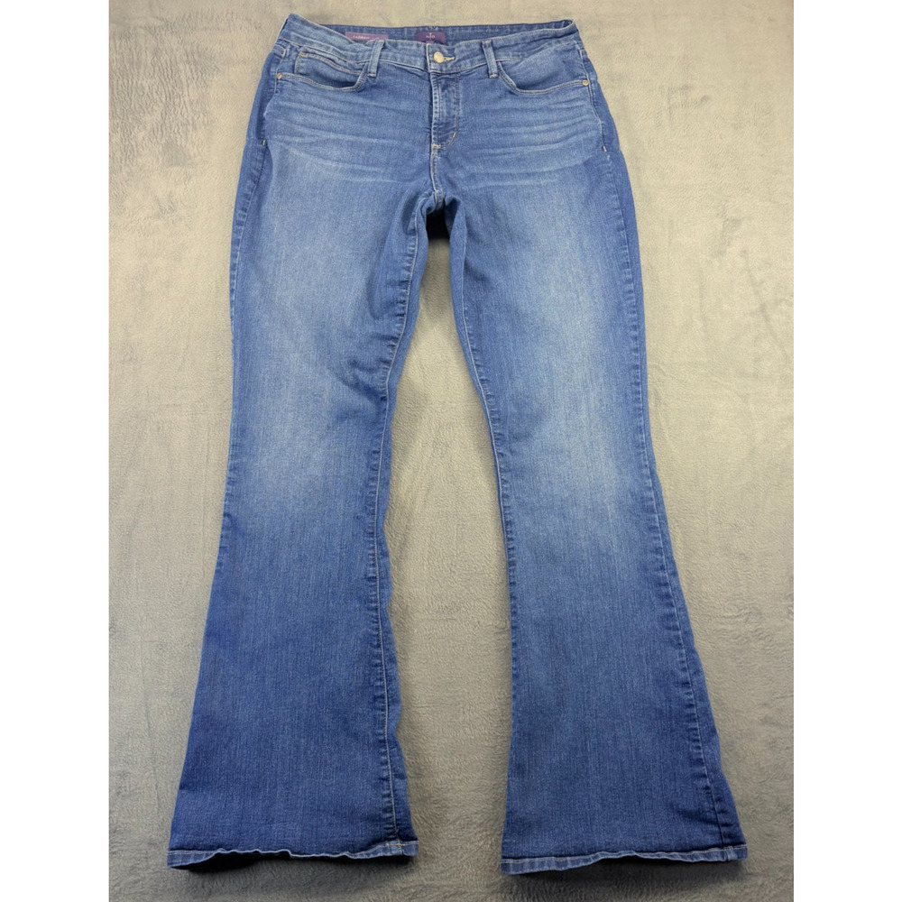 NYDJ Farrah Flare Jeans Womens 12 Blue Denim Stretch Lift Tuck Distressed Rock